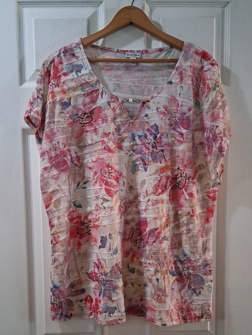 Rebecca Malone Pink Floral Short-Sleeve V-Neck Top